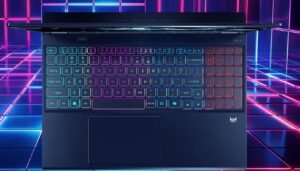 Design do Acer Predator Helios mostrando detalhes do chassi e iluminação Design do Acer Predator Helios mostrando detalhes do chassi e iluminação