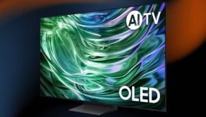 Parte traseira da Samsung 55S90D mostrando o sistema de gerenciamento de cabos design slim da tv