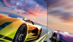 Samsung 55S90D exibindo um jogo em 4K com recursos gaming ativados Samsung 55S90D exibindo um jogo em 4K com recursos gaming ativados