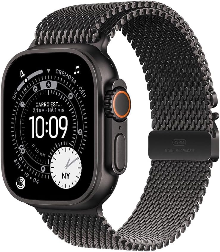 Apple Watch Ultra 3 GPS + Cellular, Caixa em titânio preto de 49 mm com Loop milanesa em titânio preto ‑ G