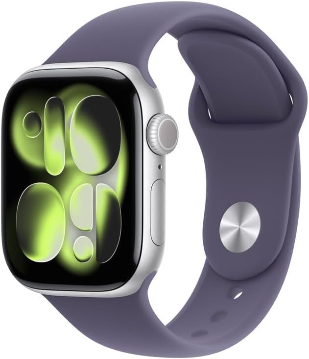 Apple Watch Series 11 GPS + Cellular, Caixa em alumínio prateado de 42 mm com Bracelete desportiva roxo névoa - P/M