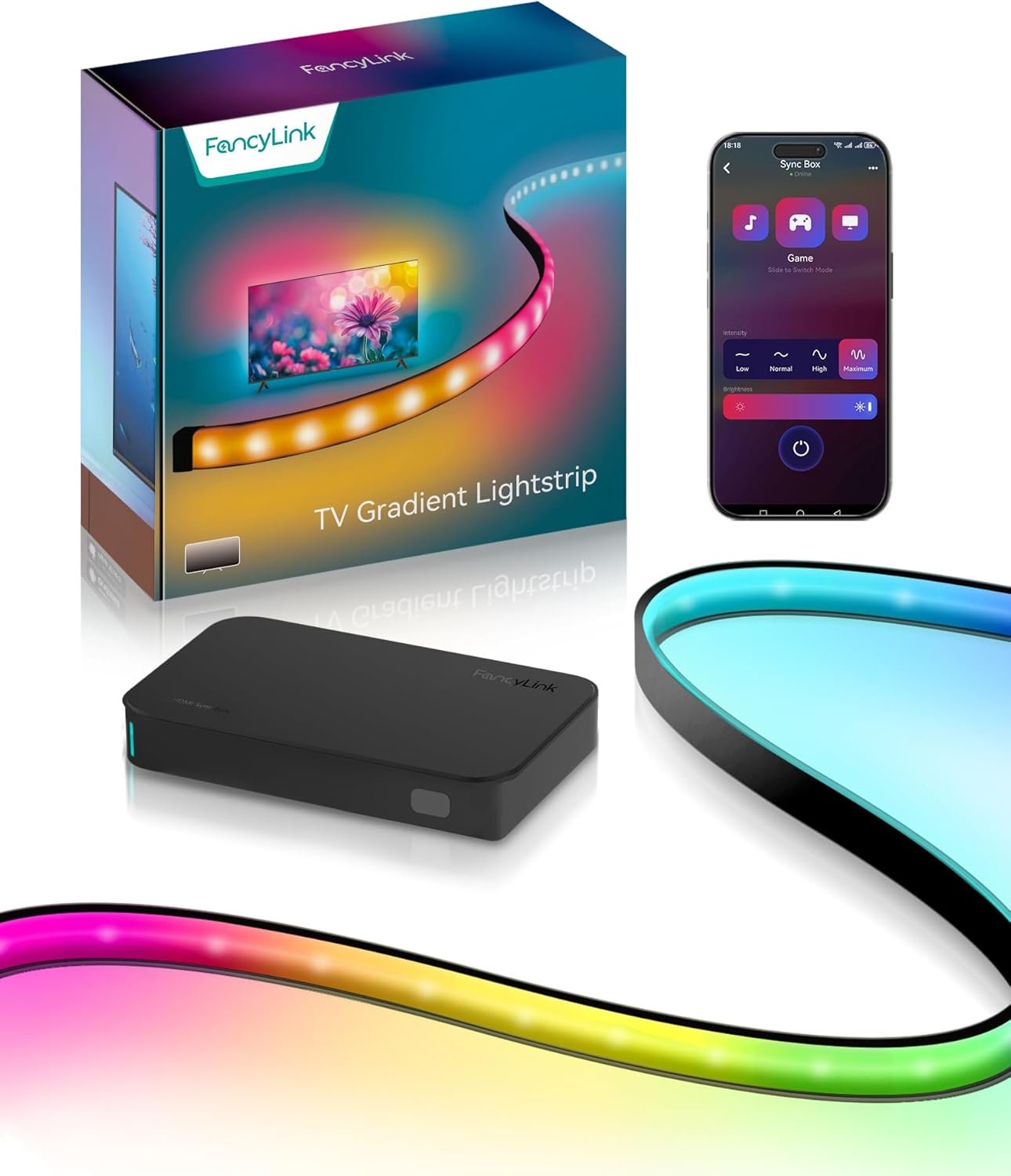 Retroiluminação de TV com caixa de sincronização HDMI, sincronização de luz de fundo de TV com tela, HDMI 2.0, suporta 4K a 60Hz, faixa de luz LED de TV RGBICCW para TVs de 55 polegadas, 144