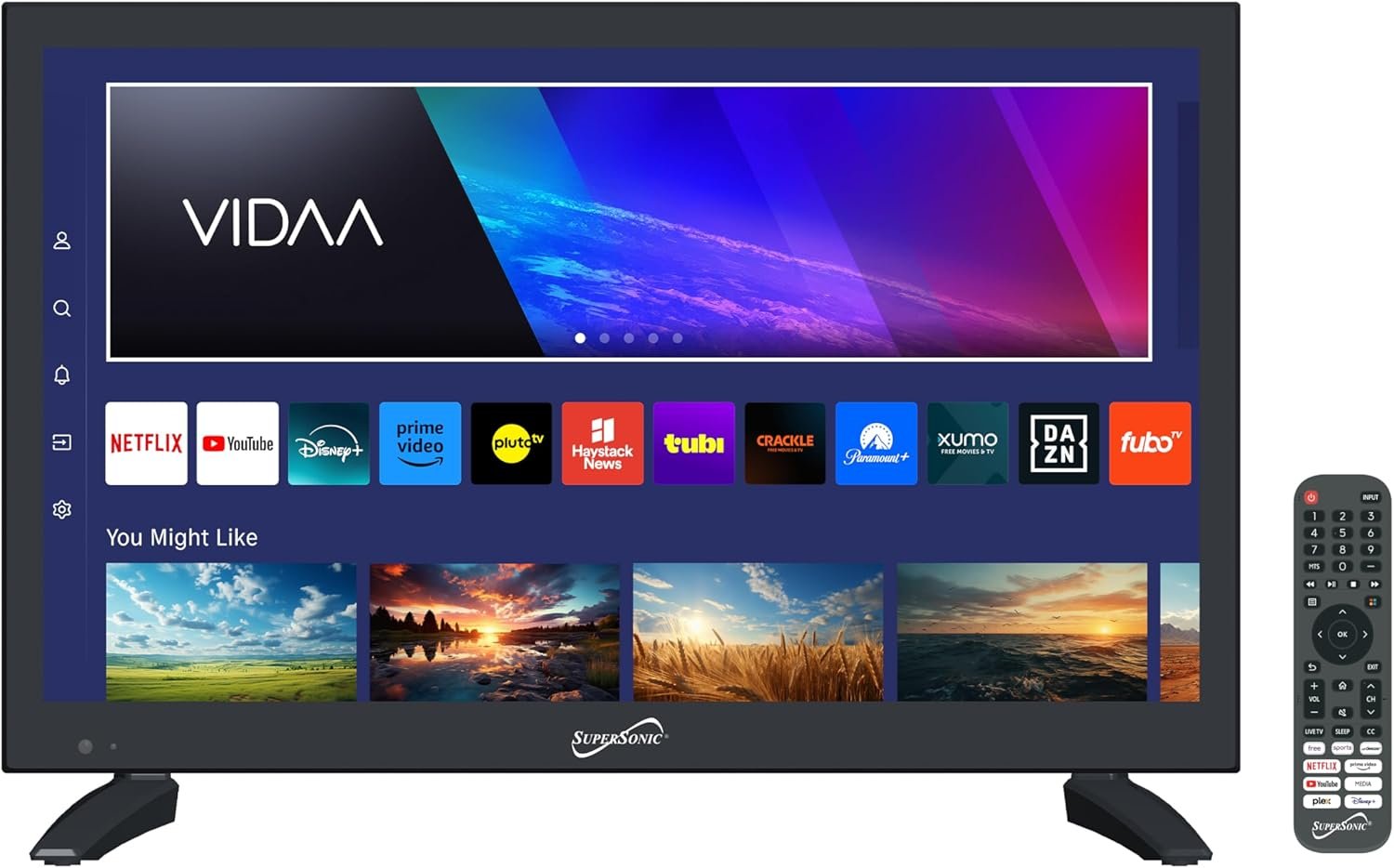 Supersonic SC-1920VTV 47.0 cm Smart AC/DC LED TV, alimentado por VIDAA, 1080p, WiFi, alto-falantes embutidos, USB, 3X HDMI ARC, para cozinha, trailer, barco, caminhão, sala de jogos, dormitório