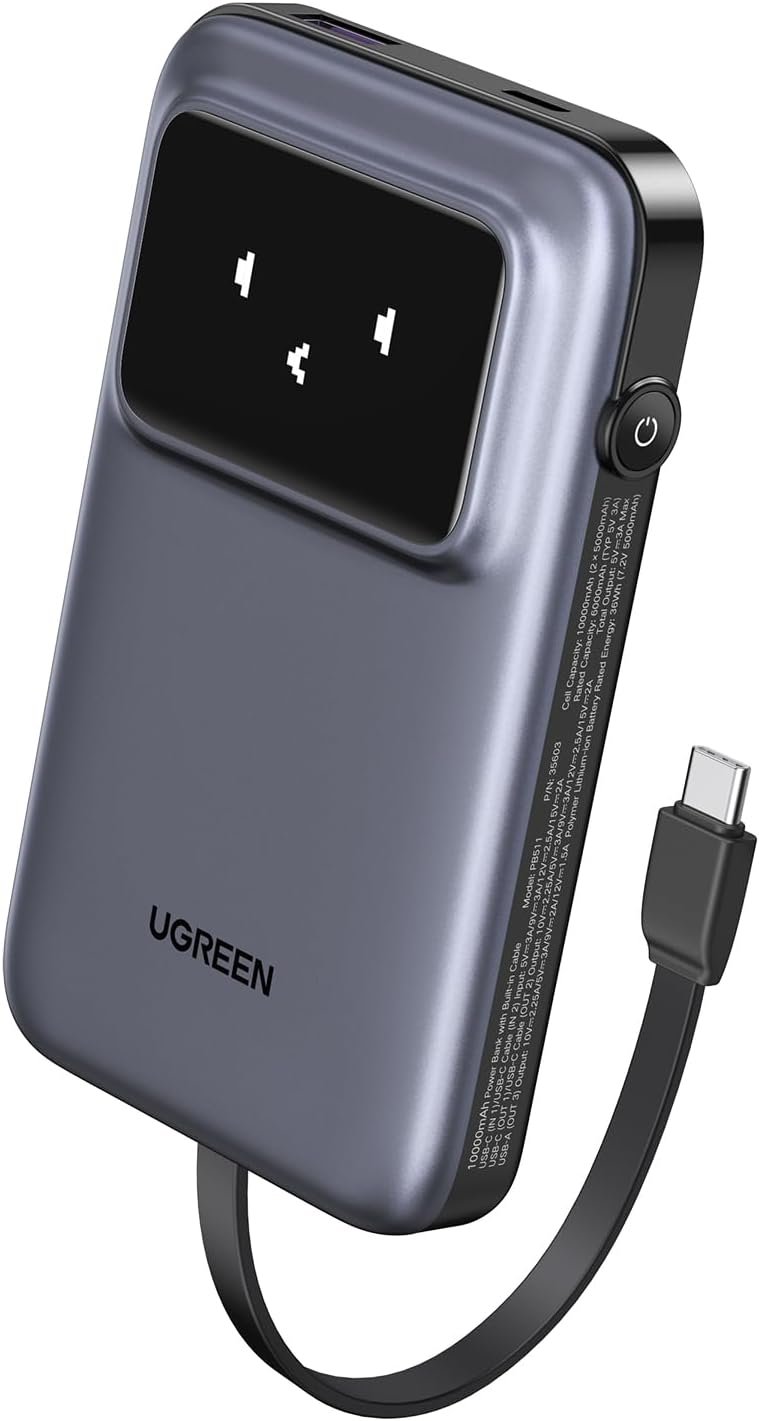 UGREEN Uno Power Bank com cabo USB-C integrado 10.000 mAh carregador portátil PD 30W pacote de bateria de carregamento rápido com tela TFT para iPhone 15 Series/Galaxy S24/LG/Pixel/iPad/AirPods e mais