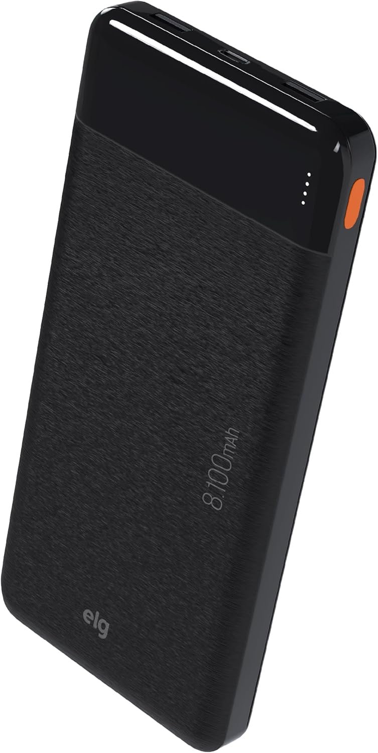 Power Bank Portátil 8100mAh com LED Indicador, Saída USB-A e USB-C, Compacto para Viagem, Preto, PB81BK, ELG