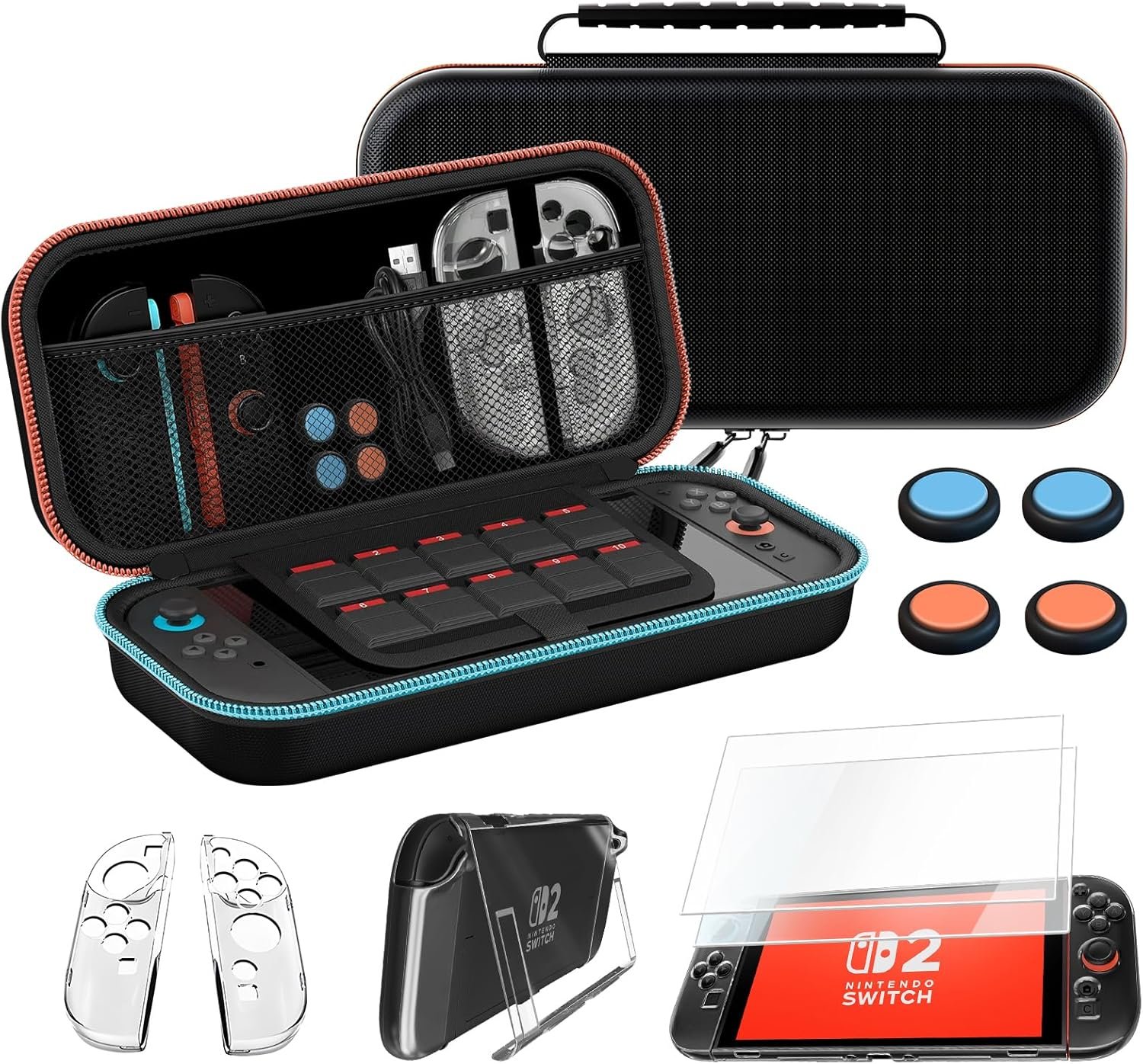 Estojo de Transporte para Nintendo Switch 2 (2025) 10 em 1, Case con Capa Protetora Rígida Portátil para Viagem com 2 Películas Temperadas, 2 Protetores de TPU para Joycon, 4 Tampas Basculantes e Uma Capa de Cristal