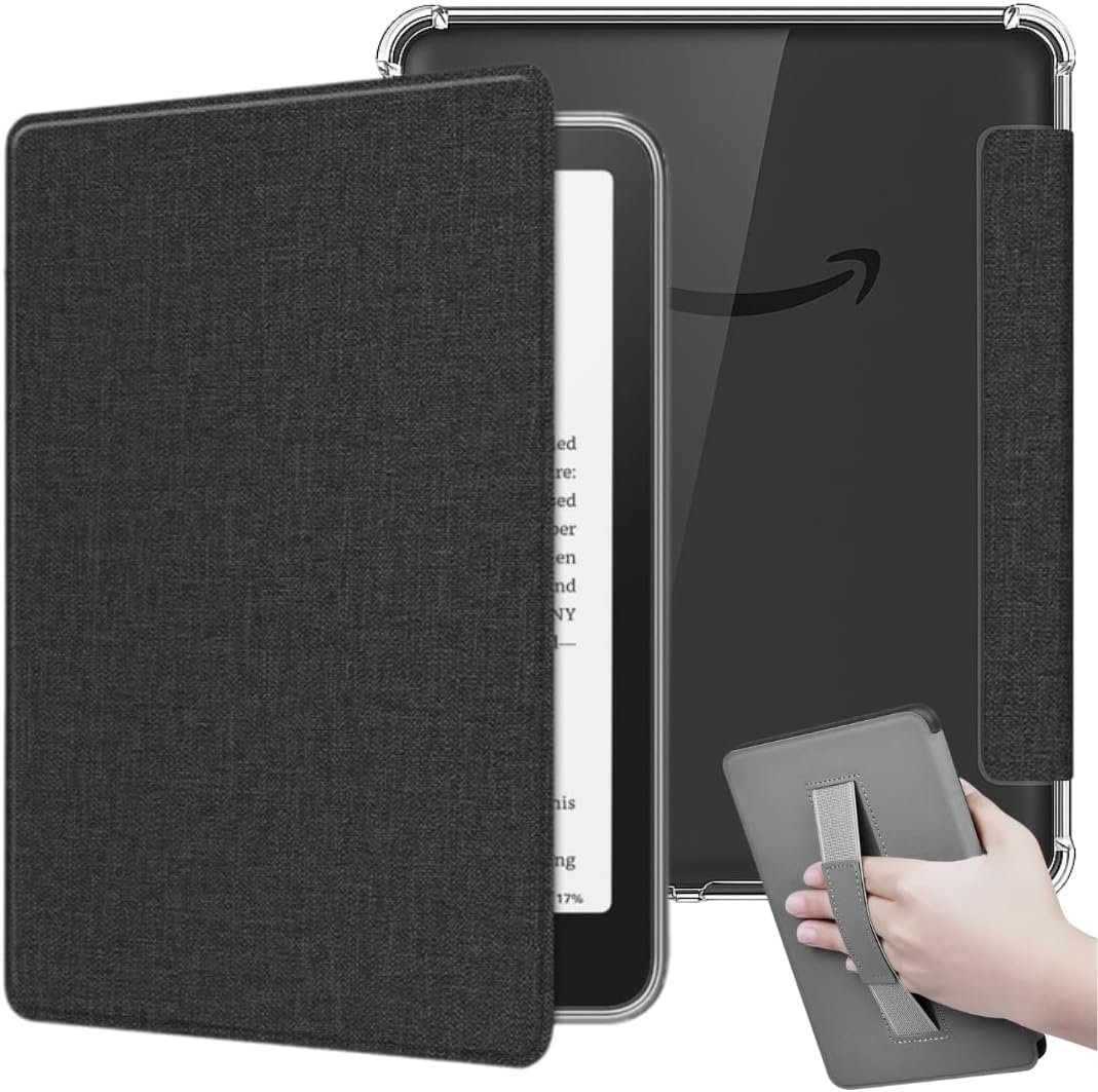 Capa de Tecido Para Kindle Paperwhite 12ª Geração 7” (SA569P e SA568B) e Kindle Colorsoft (SA58CB e SA59CP) Auto Hibernação – Fechamento Magnético – Traseira Transparente e Alça de Suporte (Preto)