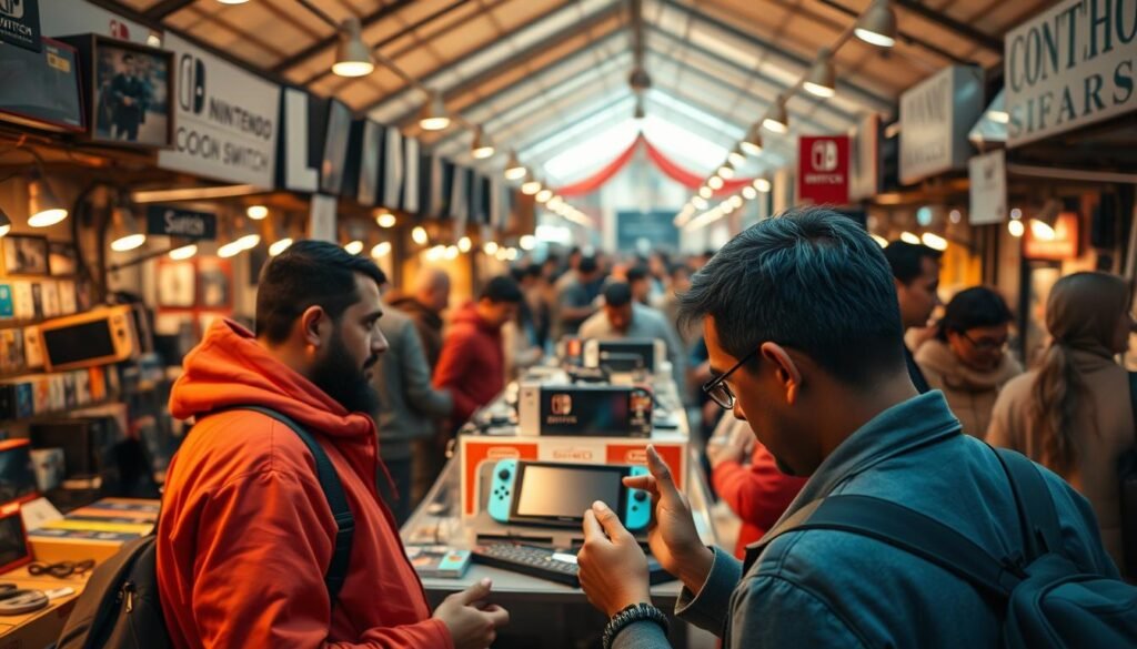 A bustling open-air marketplace, with stalls displaying a diverse array of electronics and gaming consoles. In the center, a well-lit display showcases the latest Nintendo Switch model, surrounded by discerning shoppers carefully comparing prices and features. Warm golden light filters through the scene, creating a cozy, inviting atmosphere. In the foreground, a savvy customer examines the console, meticulously weighing the options and strategies to secure the best possible deal. The background is filled with the chatter of negotiations, as experienced bargain hunters share tips and techniques for navigating the Nintendo Switch marketplace. A bustling open-air marketplace, with stalls displaying a diverse array of electronics and gaming consoles. In the center, a well-lit display showcases the latest Nintendo Switch model, surrounded by discerning shoppers carefully comparing prices and features. Warm golden light filters through the scene, creating a cozy, inviting atmosphere. In the foreground, a savvy customer examines the console, meticulously weighing the options and strategies to secure the best possible deal. The background is filled with the chatter of negotiations, as experienced bargain hunters share tips and techniques for navigating the Nintendo Switch marketplace.