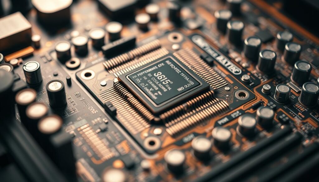 A high-performance desktop-grade CPU, its complex silicon architecture shimmering under focused lighting. Crisp details of the intricate circuit layout, heat spreaders, and advanced cooling solutions. The processor nestled amid a complex PCB design, surrounded by capacitors, transistors, and other electronic components. Depth of field emphasizes the processor's central role, with the background gently blurred to create a sense of technical sophistication and engineering prowess. Warm, neutral tones convey a sense of power and reliability, ideal for illustrating the capabilities that power the latest generation of high-performance laptops. A high-performance desktop-grade CPU, its complex silicon architecture shimmering under focused lighting. Crisp details of the intricate circuit layout, heat spreaders, and advanced cooling solutions. The processor nestled amid a complex PCB design, surrounded by capacitors, transistors, and other electronic components. Depth of field emphasizes the processor's central role, with the background gently blurred to create a sense of technical sophistication and engineering prowess. Warm, neutral tones convey a sense of power and reliability, ideal for illustrating the capabilities that power the latest generation of high-performance laptops.