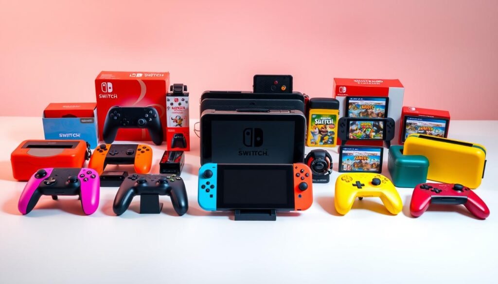 A highly detailed, meticulously arranged still life showcasing a collection of Nintendo Switch accessories. The foreground features an array of controllers, charging docks, and protective cases in various vibrant colors, neatly displayed on a clean, minimalist surface. The middle ground includes the Nintendo Switch console itself, surrounded by Joy-Con controllers, a Pro Controller, and a selection of game cartridges. The background depicts a soft, ethereal lighting that illuminates the accessories, creating a sense of sophistication and elegance. The overall composition exudes a premium, premium-quality aesthetic that accurately represents the additional costs and expansions needed to complete the Nintendo Switch gaming setup. A highly detailed, meticulously arranged still life showcasing a collection of Nintendo Switch accessories. The foreground features an array of controllers, charging docks, and protective cases in various vibrant colors, neatly displayed on a clean, minimalist surface. The middle ground includes the Nintendo Switch console itself, surrounded by Joy-Con controllers, a Pro Controller, and a selection of game cartridges. The background depicts a soft, ethereal lighting that illuminates the accessories, creating a sense of sophistication and elegance. The overall composition exudes a premium, premium-quality aesthetic that accurately represents the additional costs and expansions needed to complete the Nintendo Switch gaming setup.