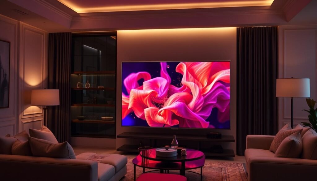 Samsung 55S90D em ambiente de sala de estar com iluminação ambiente Samsung 55S90D em ambiente de sala de estar com iluminação ambiente