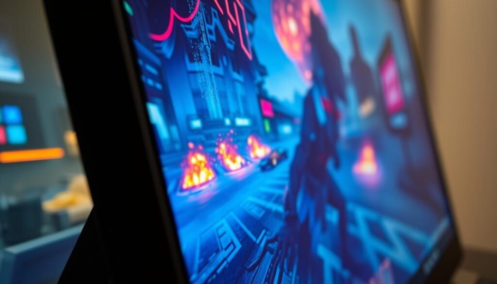 Tela do Acer Predator Helios exibindo um jogo com gráficos vibrantes Tela do Acer Predator Helios exibindo um jogo com gráficos vibrantes