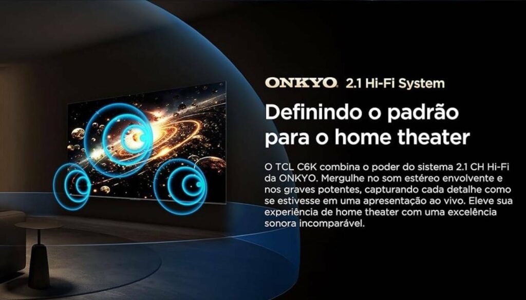 Sistema de áudio ONKYO 2.1 da Smart TV TCL 75 Polegadas QLED Mini LED 4K C6K Sistema de áudio ONKYO 2.1 da Smart TV TCL 75 Polegadas QLED Mini LED 4K C6K
