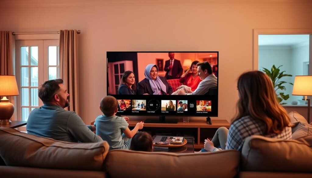 Smart TV TCL 75 Polegadas QLED Mini LED 4K C6K em ambiente de sala com família Smart TV TCL 75 Polegadas QLED Mini LED 4K C6K em ambiente de sala com família