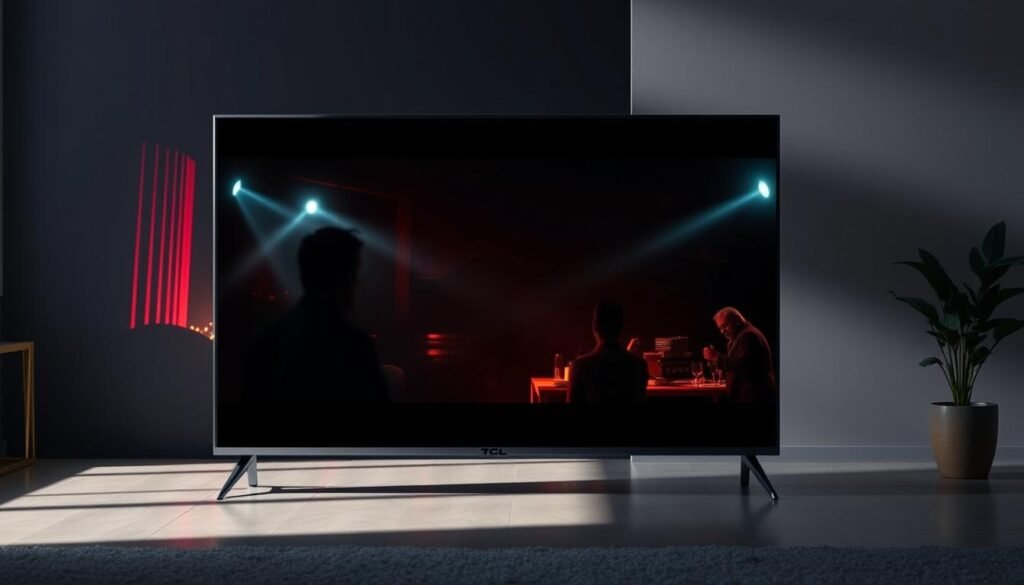 Smart TV TCL 75 Polegadas exibindo cena de filme com qualidade cinematográfica Smart TV TCL 75 Polegadas exibindo cena de filme com qualidade cinematográfica